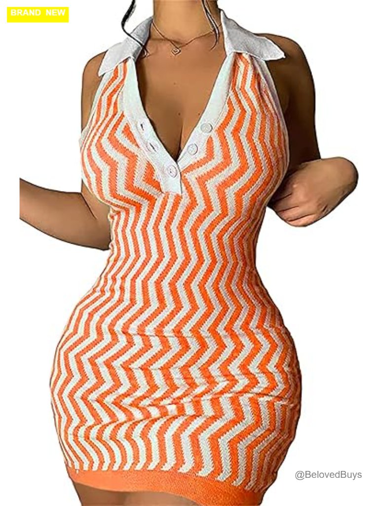 Striped Halter V-Neck Bodycon Mini Dress Backless Sleeveless Knit Stretchy Sexy